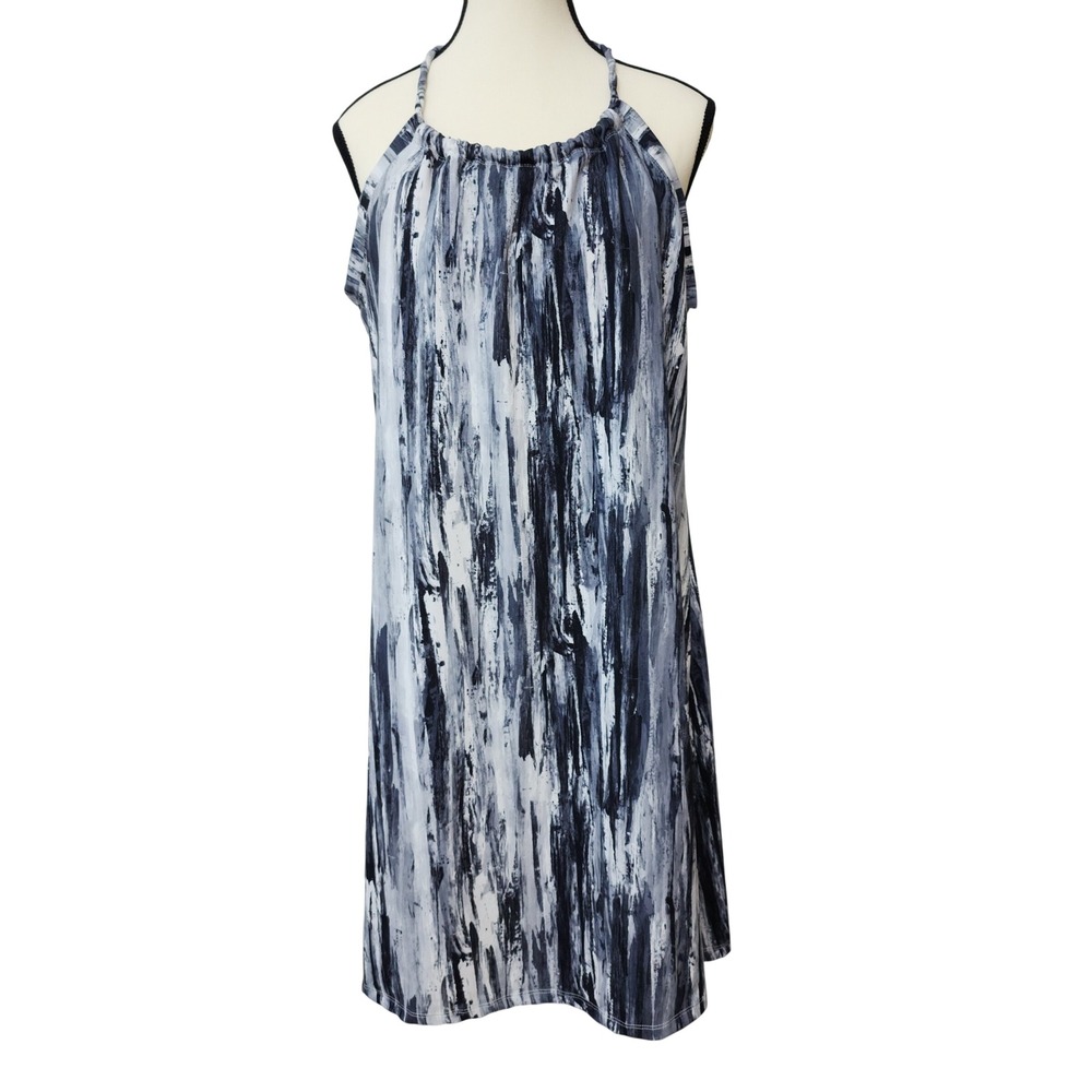 Peace & Pearls Blue Abstract Brushstroke T-Back‎ Halter Shift Dress XL